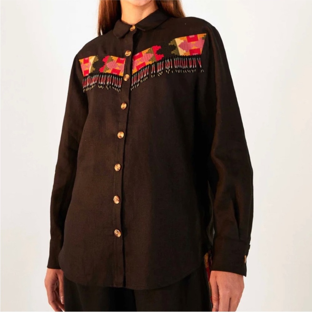 Farm Rio Black Beaded Fringe Linen Shirt